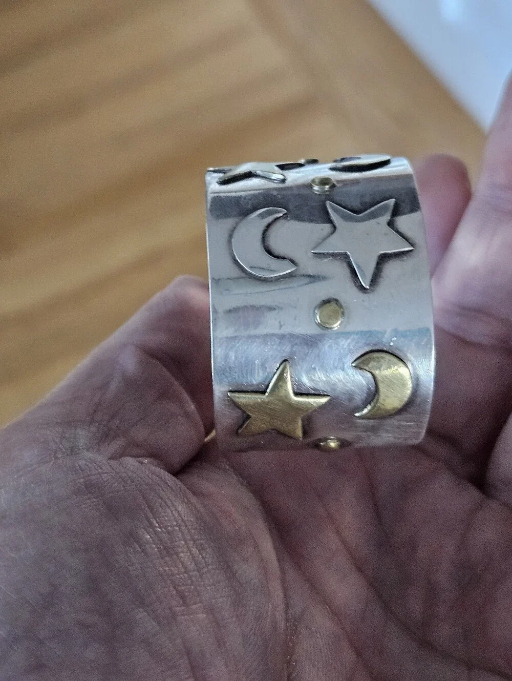Vintage Taxco Sterling Two-Tone Celestial Cuff Bracelet Silver & Gold Moon Star